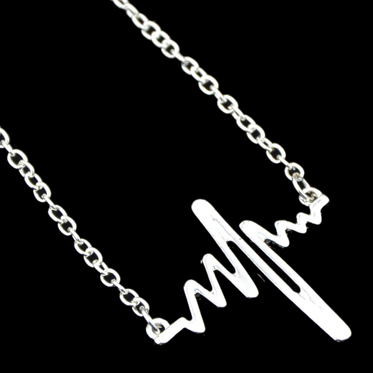 Cool Punk Goth Black Silver Chain Minimalist Heartbeat Abstract Art Necklace-0