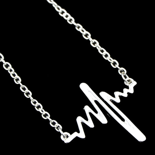 Cool Punk Goth Black Silver Chain Minimalist Heartbeat Abstract Art Necklace-0