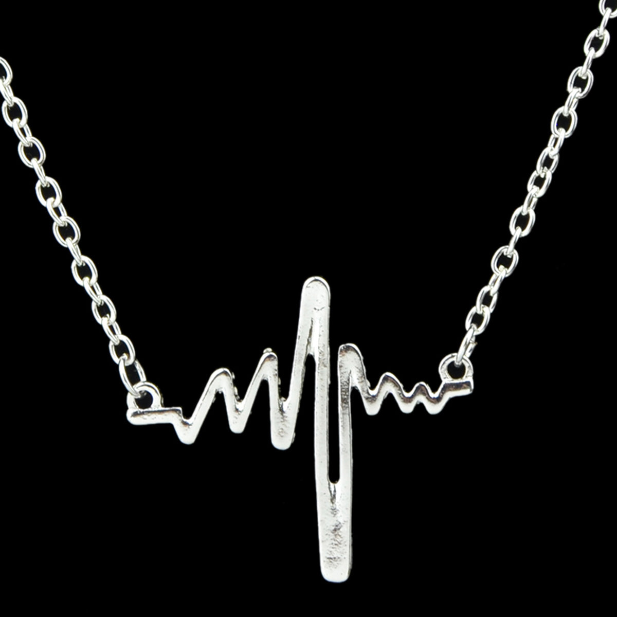 Cool Punk Goth Black Silver Chain Minimalist Heartbeat Abstract Art Necklace-3