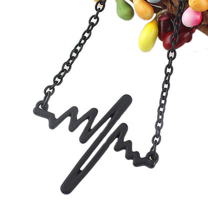 Cool Punk Goth Black Silver Chain Minimalist Heartbeat Abstract Art Necklace-1