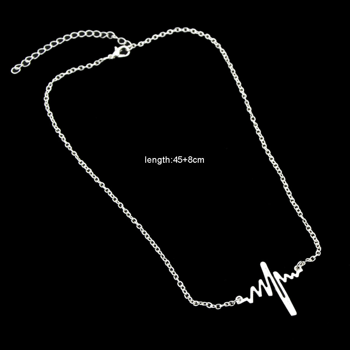 Cool Punk Goth Black Silver Chain Minimalist Heartbeat Abstract Art Necklace-2