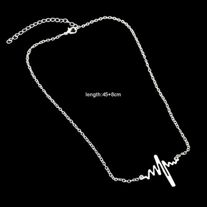 Cool Punk Goth Black Silver Chain Minimalist Heartbeat Abstract Art Necklace-2