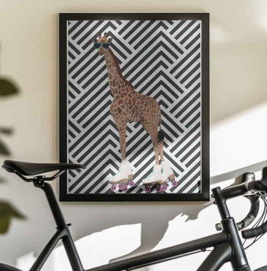 Wall art Giraffe Rollerskates retro-1